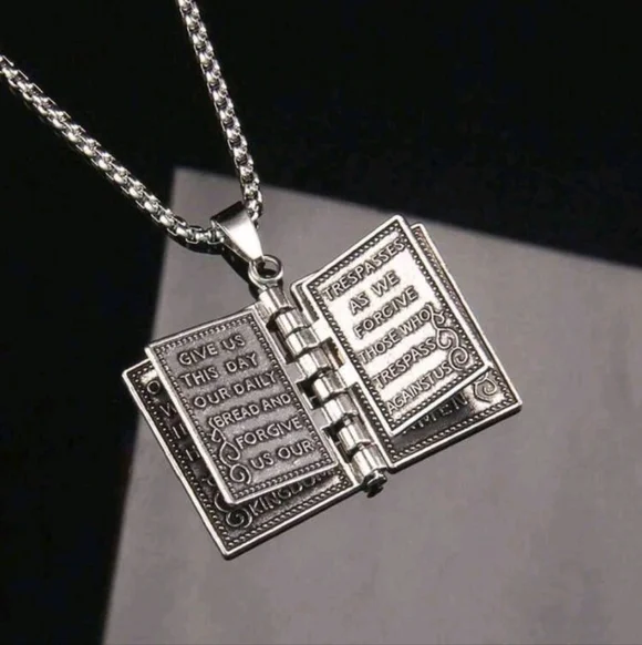 Holy Bible Book Pendant Necklace - Silver Tone - Picture 4 of 4